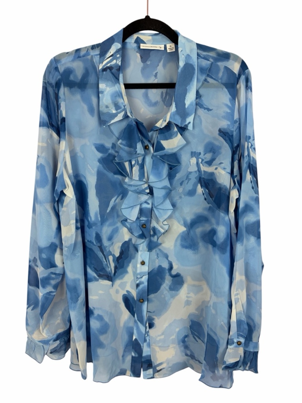 Susan Graver Blue Floral Blouse XL Ruffle Front Sheer Lightweight Top